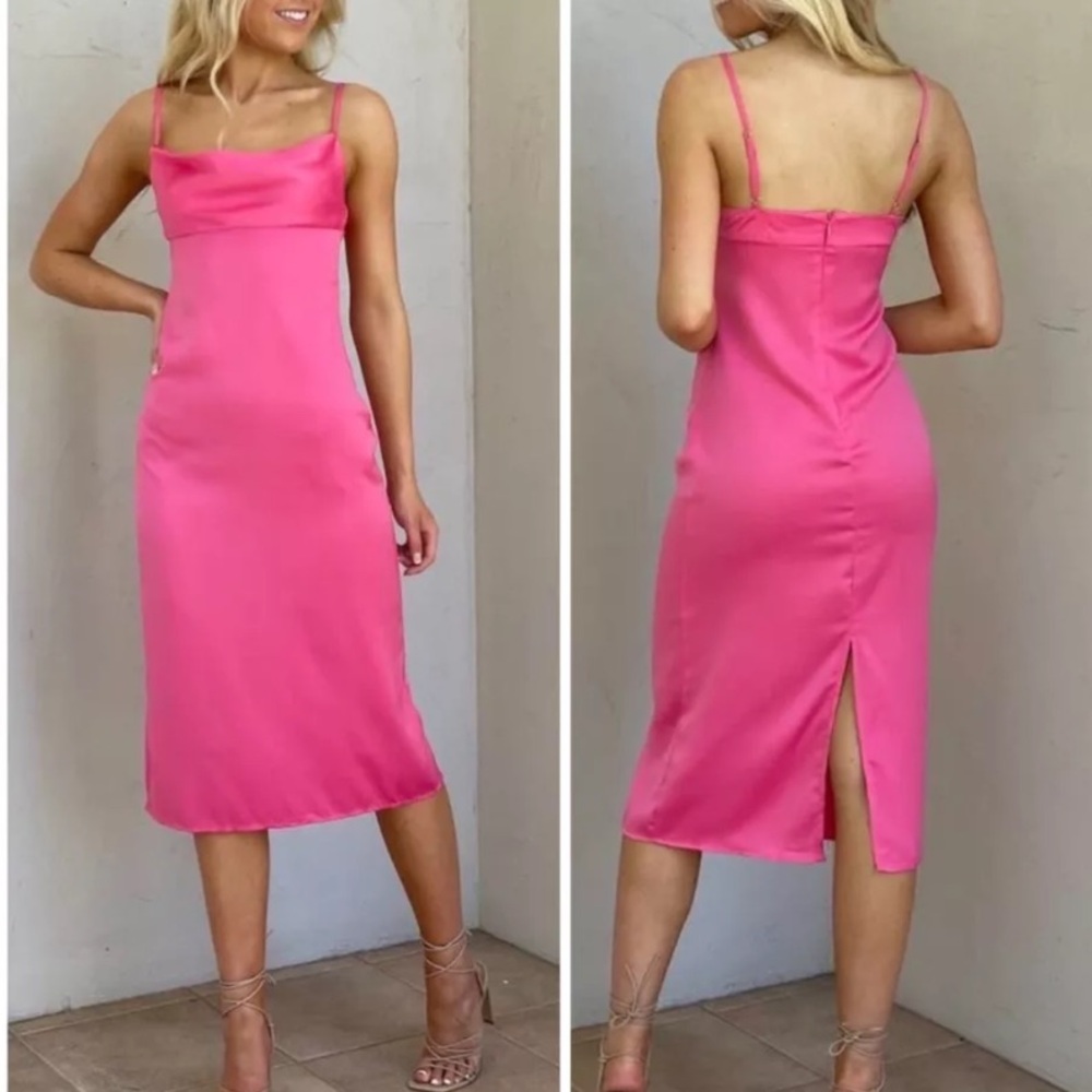 WEWOREWHAT Cowl MIDI Satin Charmeuse Zat Hot Pink Sexy Party Dress, Has Flaws